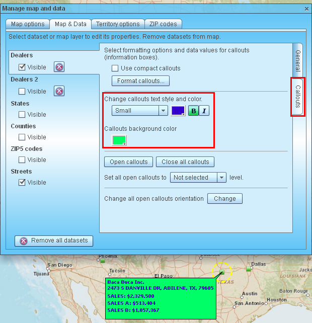 Change dataset callout orientation and look & feel