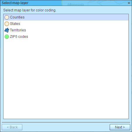Select a layer to color code: territories, ZIP codes, counties, or states