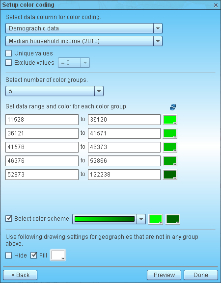 Setup color coding ranges and color scheme