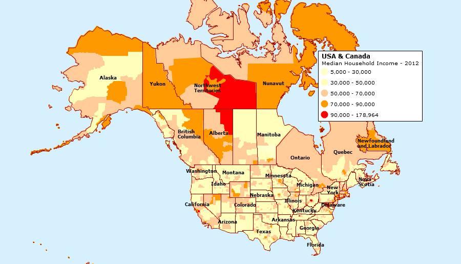 USA & Canada Median Household Income Map