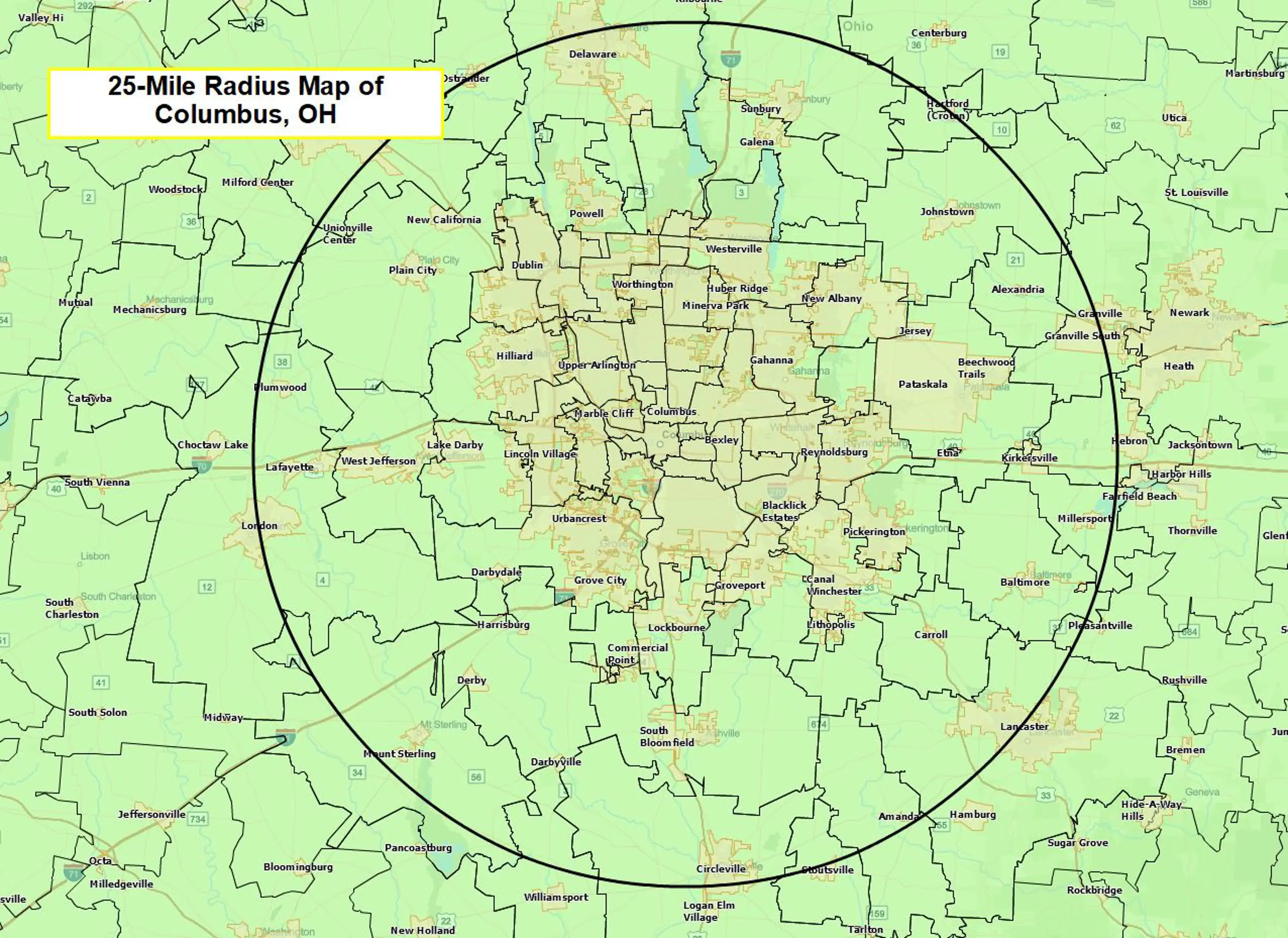 A 25-mile radius map surrounding the Columbus, OH area