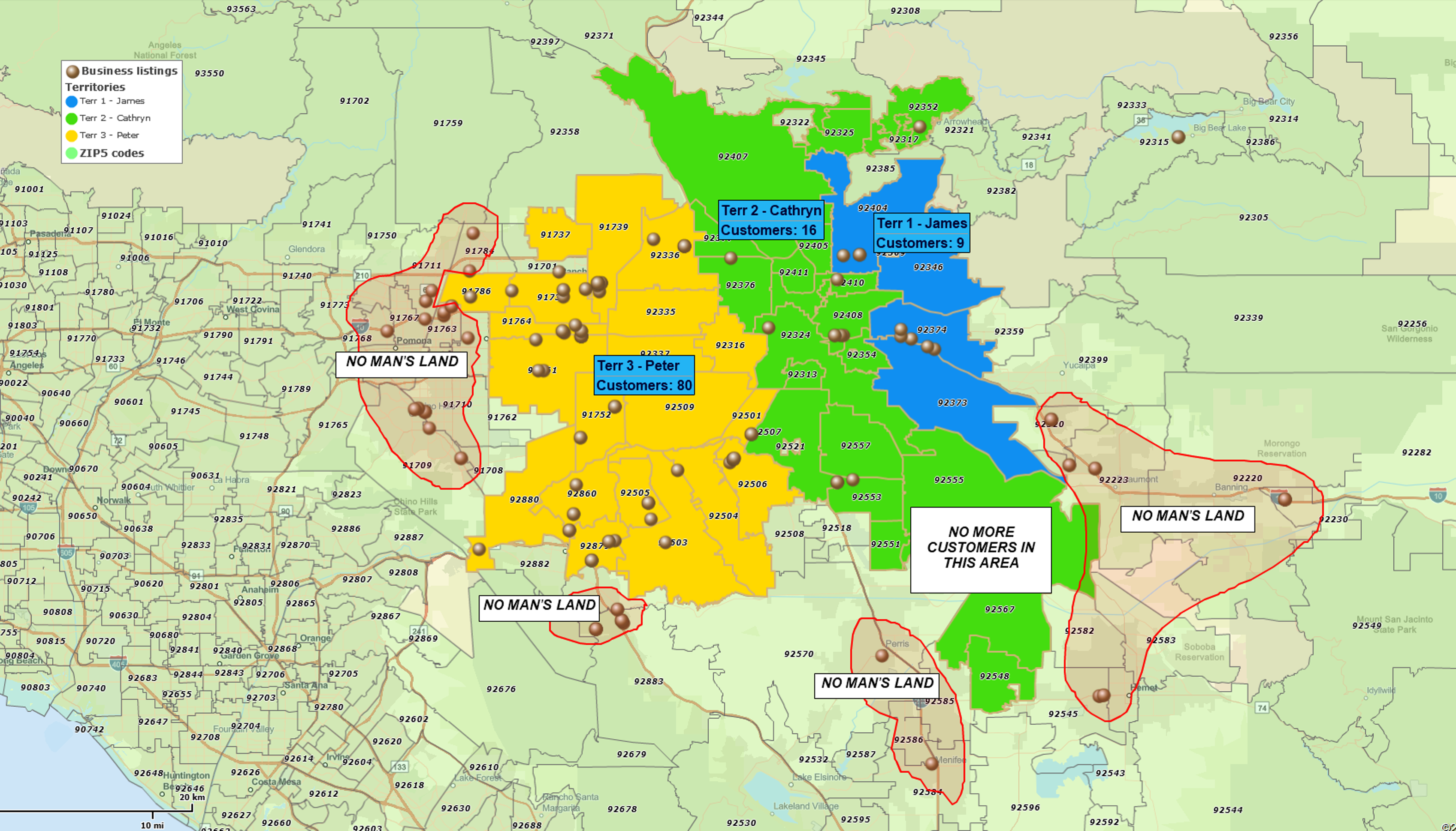 Map 1 – Territory Reality Check (Customers vs. Current Territories)