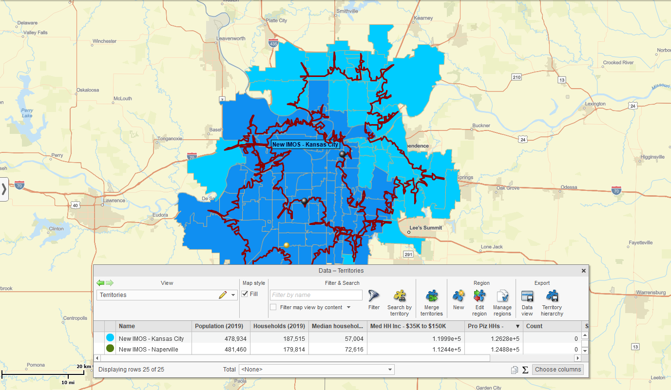 Drive-time demographic analysis map around a potential location