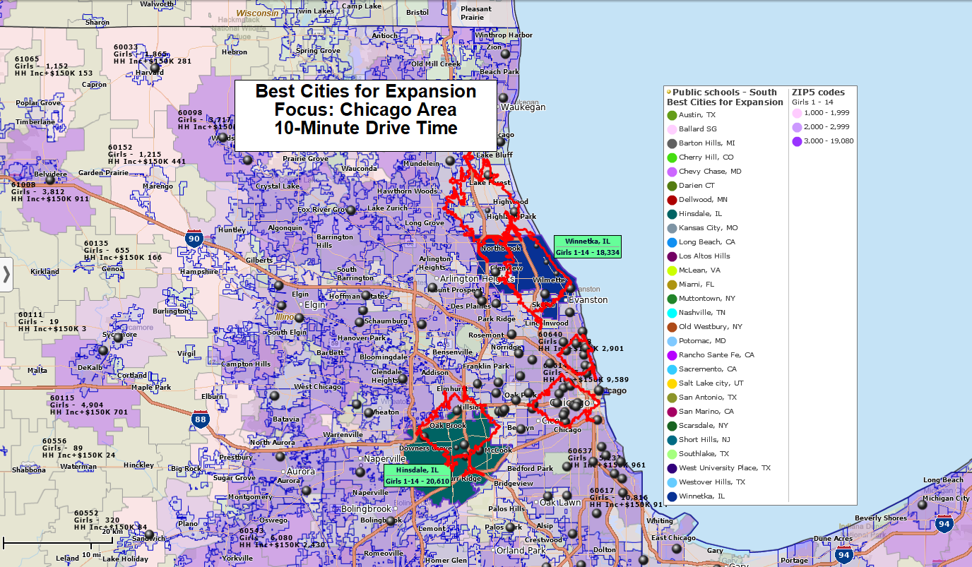 Chicago area 10-minute drive time map
