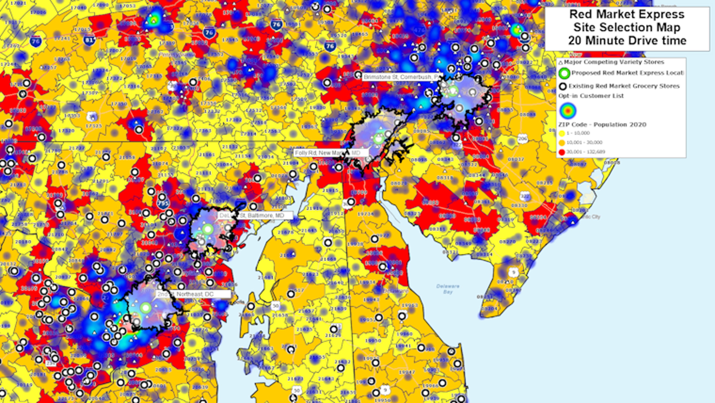 Heat map of customers and population with drive-time areas
