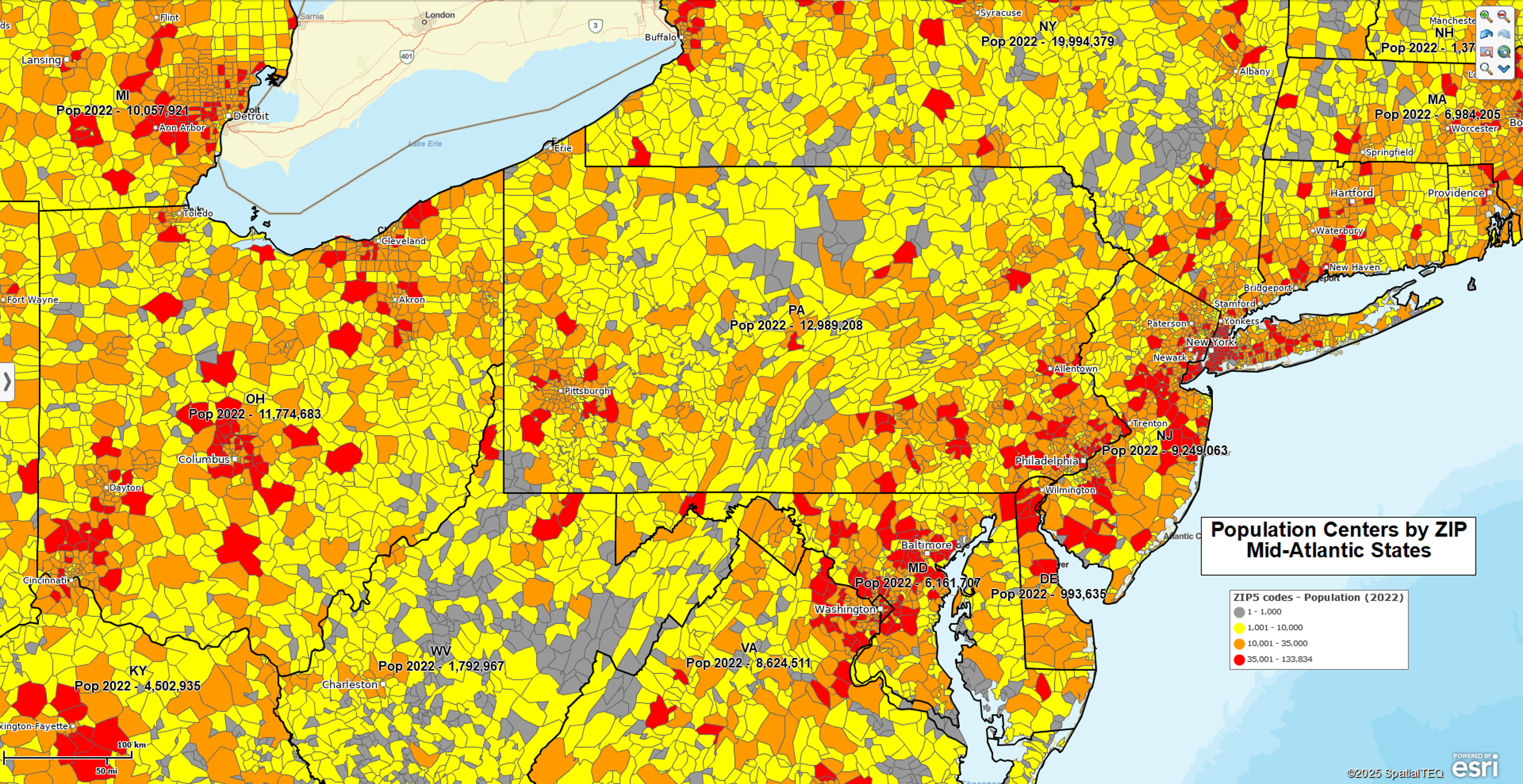 Population map showing the Mid-Atlantic States by ZIP code
