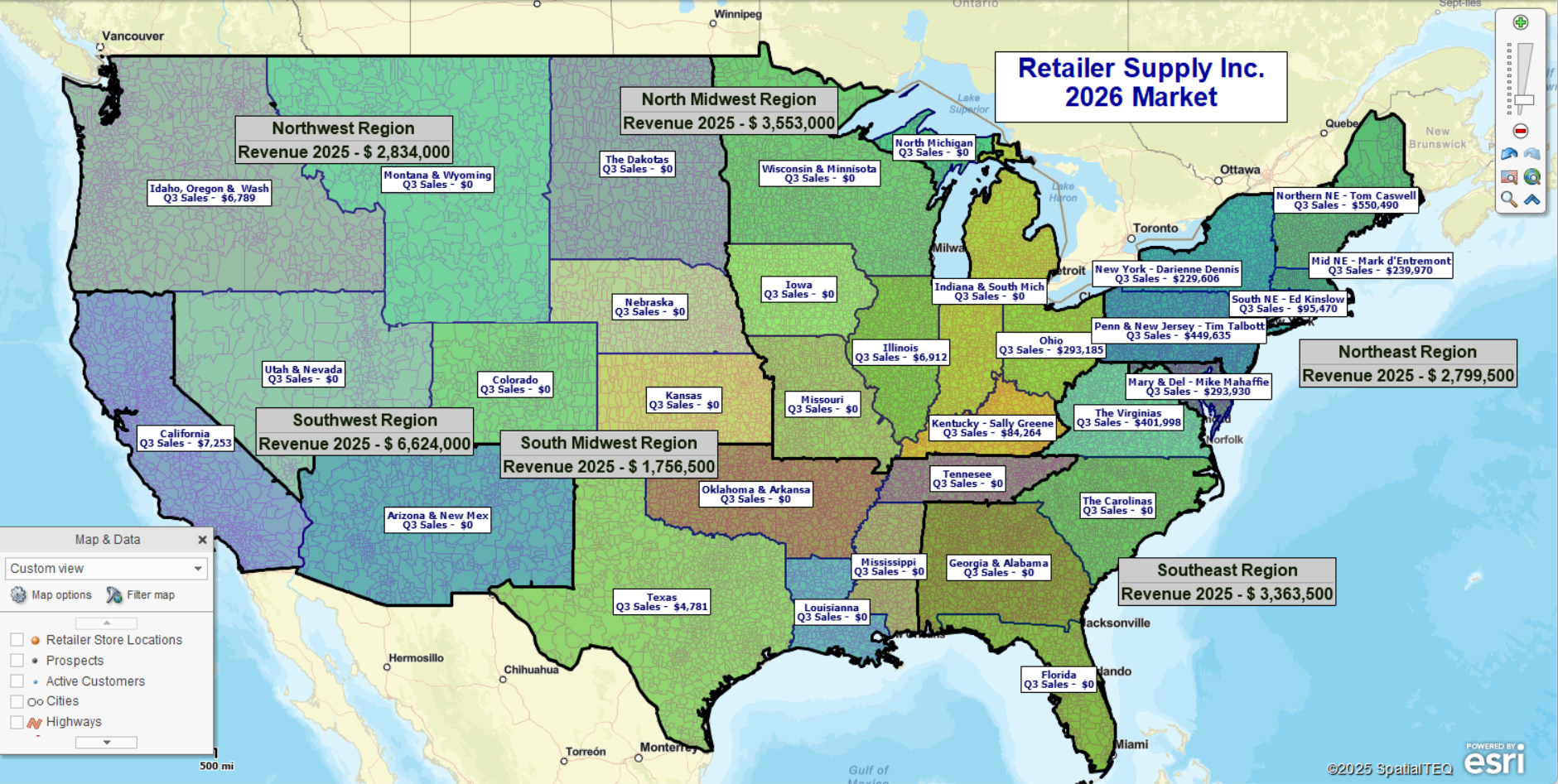 Sales territory map color coded by sales volume