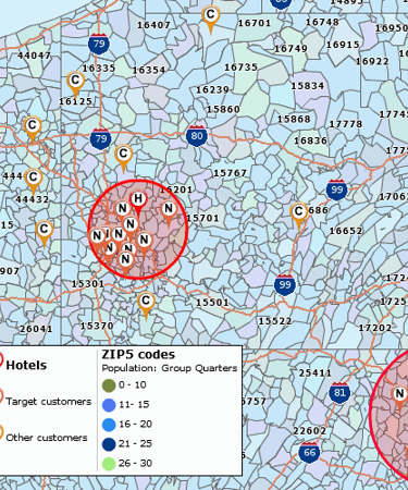 Customers within radius over a ZIP code map