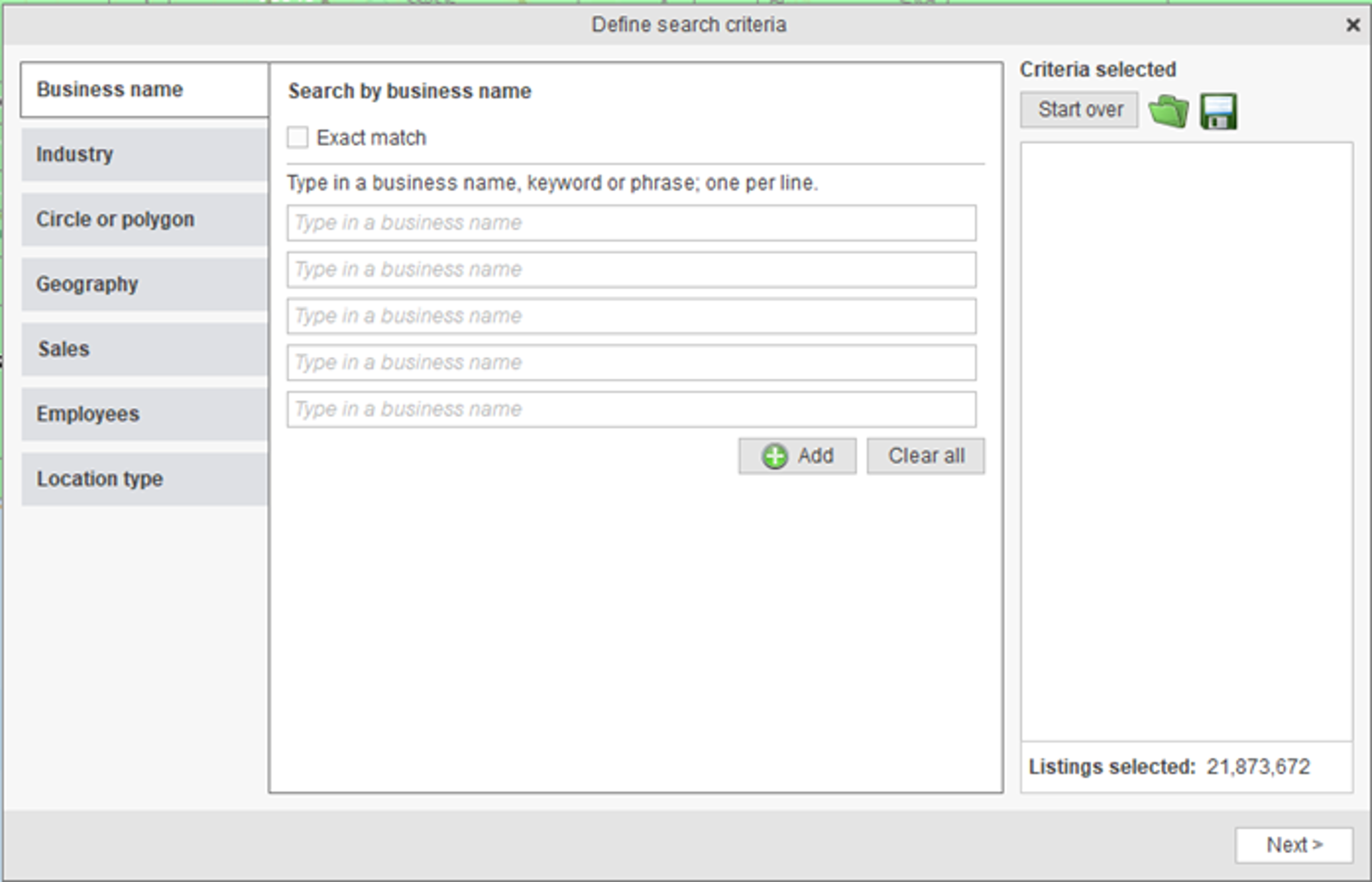 Business listings search criteria