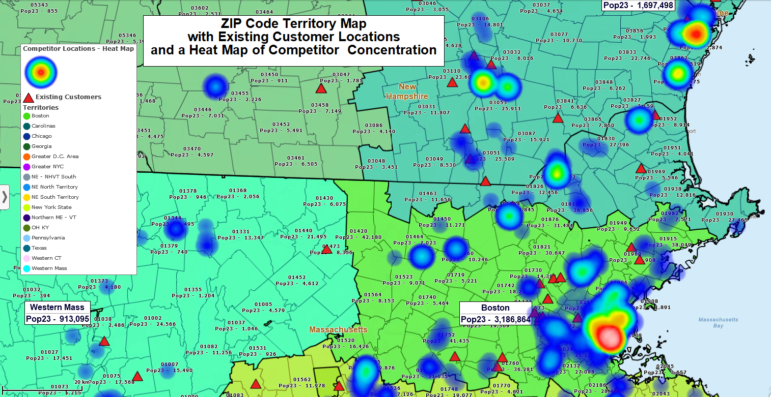 ZIP code territory map with heat map of competitor locations