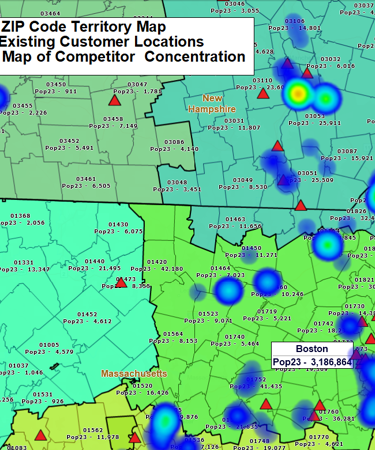 Territory map with customers and competitor activity heat map