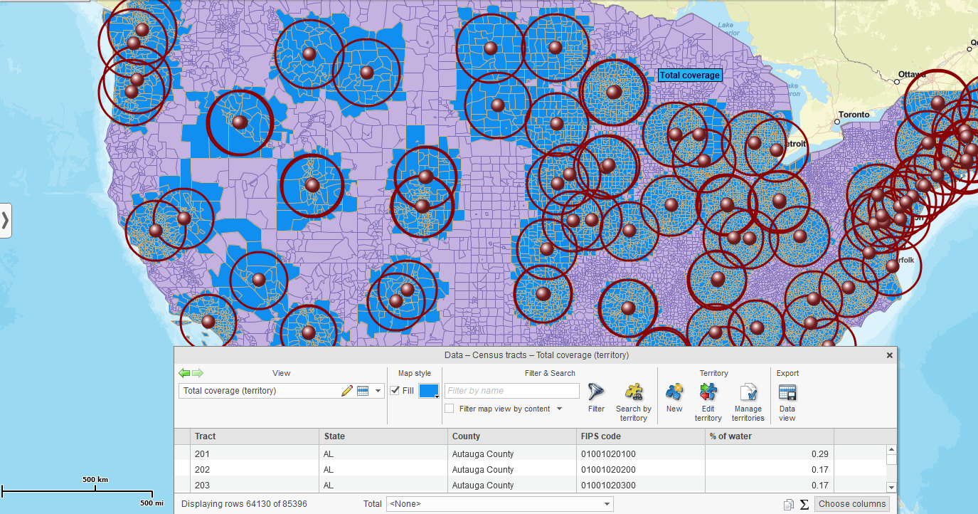 Total coverage territory created from radius areas around multiple center locations