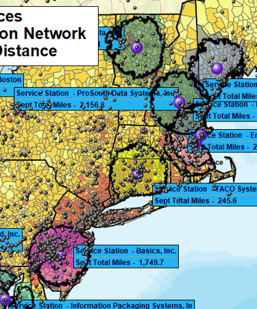 Northeast service station network - 30 min drive time