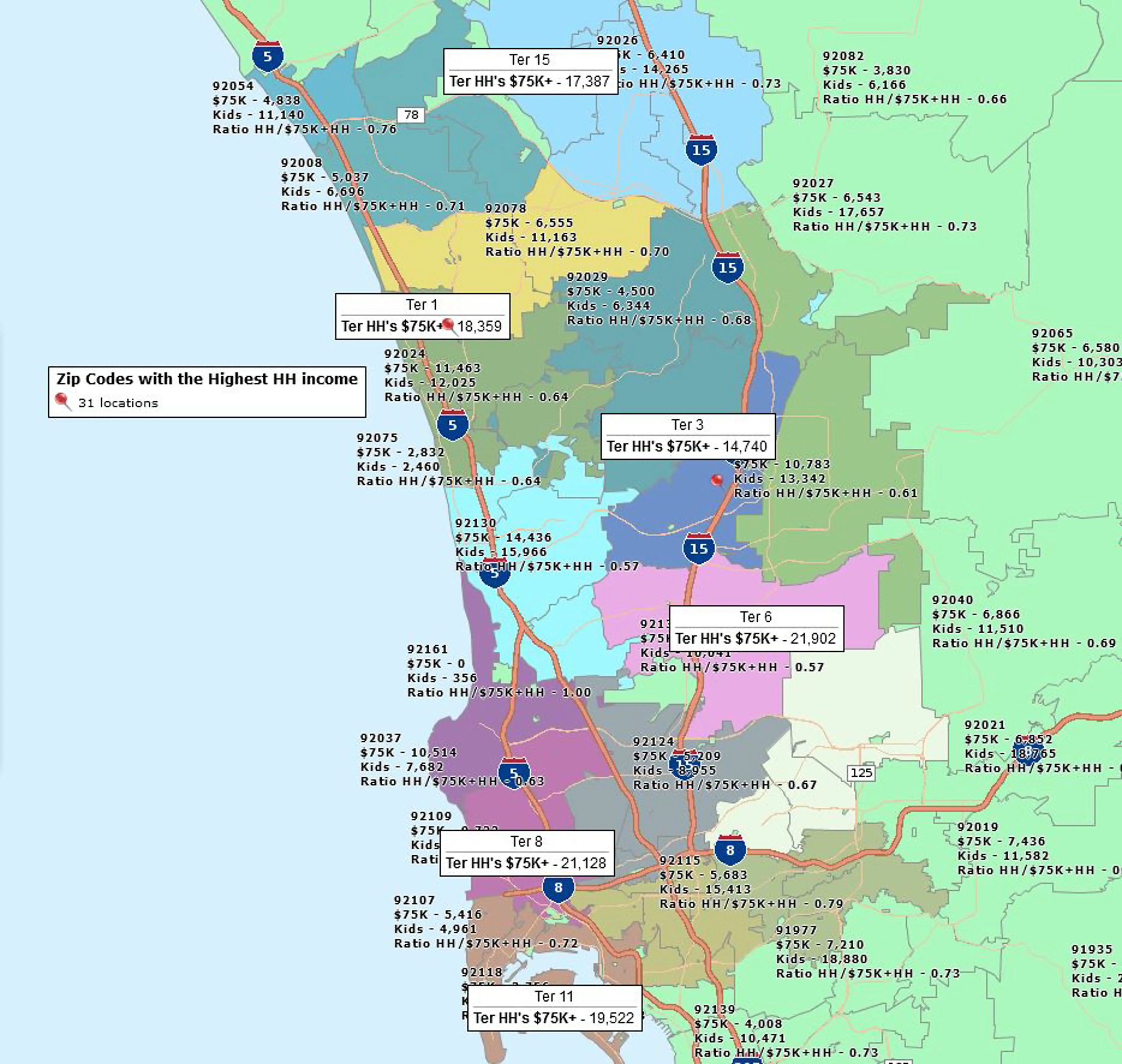 Coverage map colorcoded by household income