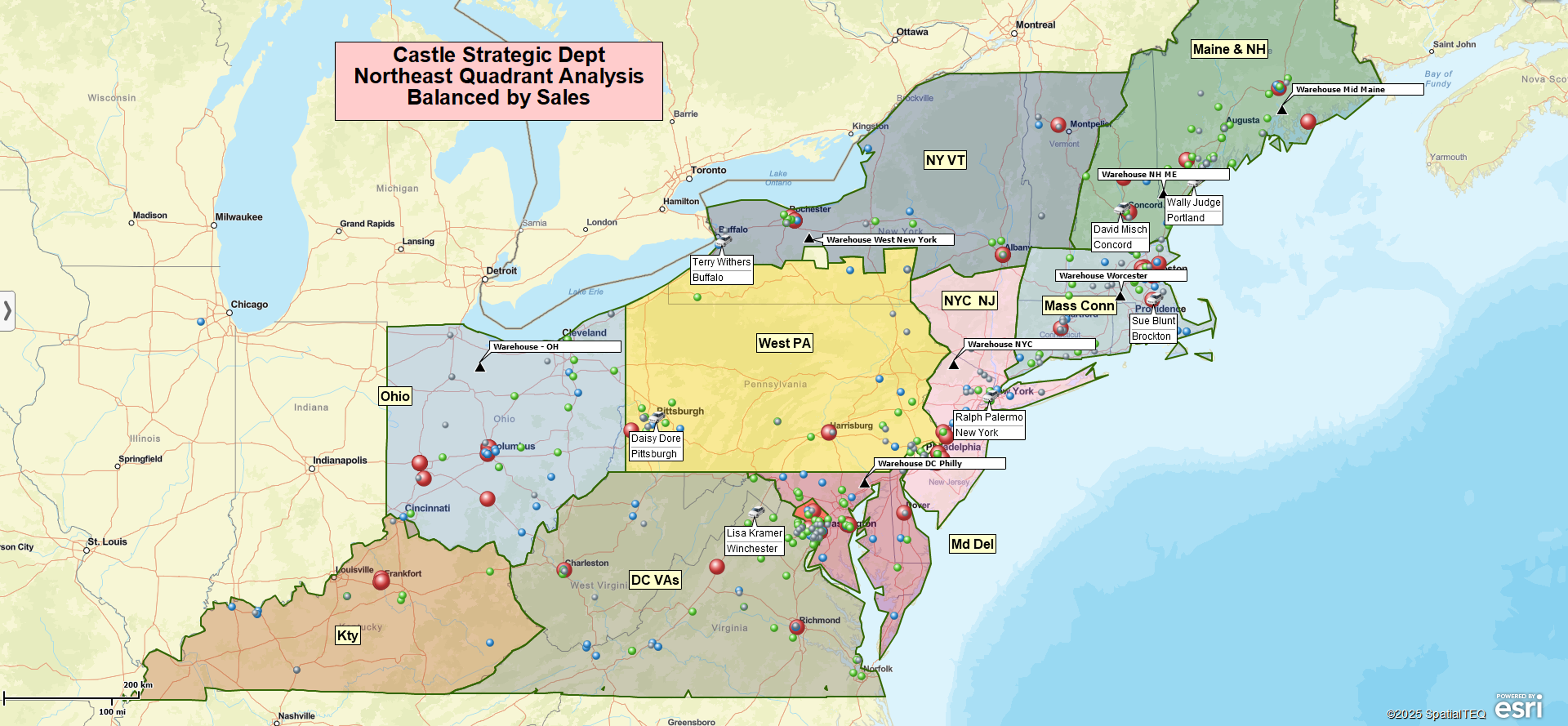 Balanced Sales Territory Map with Sales Rep and Customer Locations