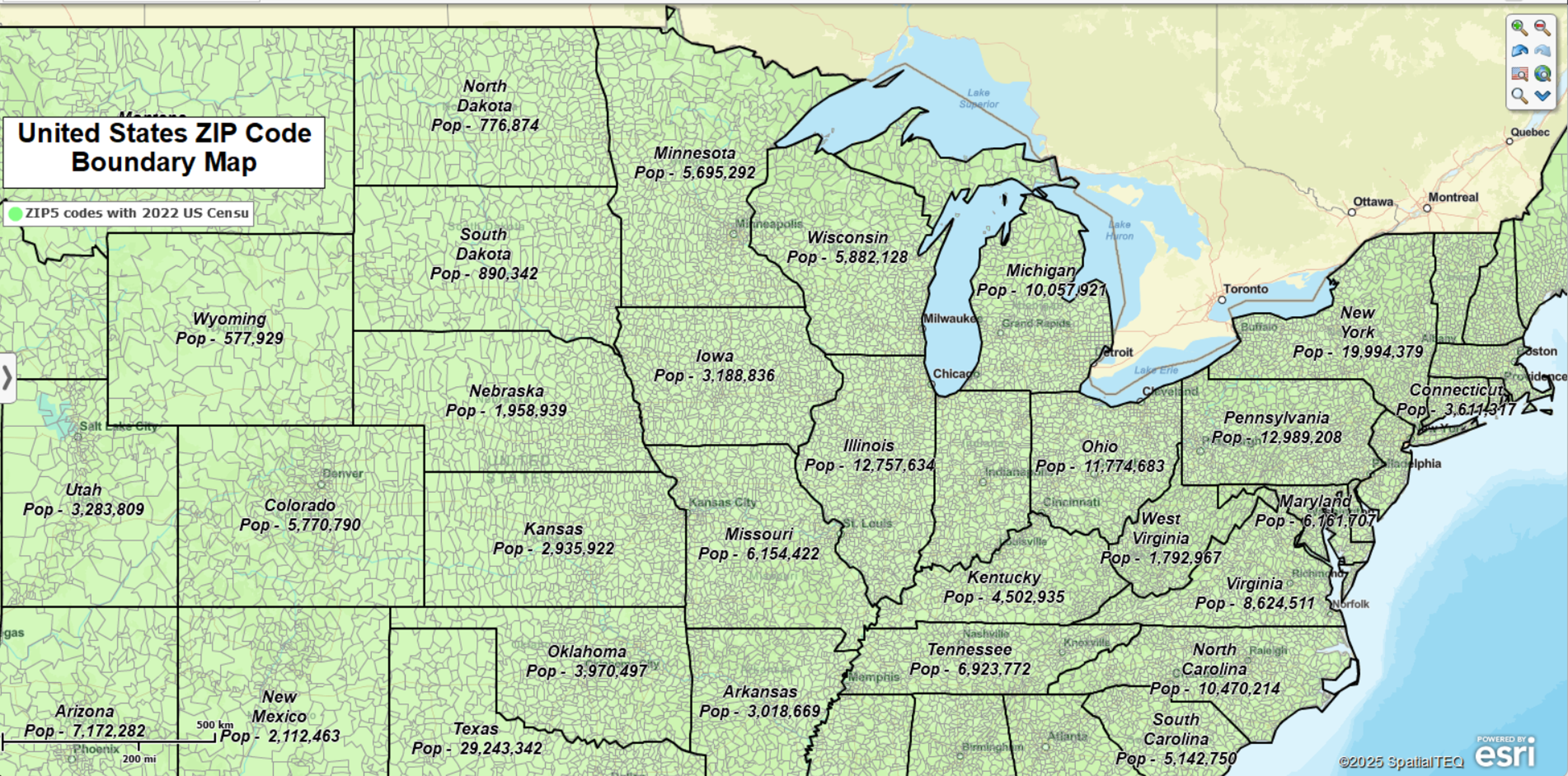 USA ZIP5 code boundary map with population by state