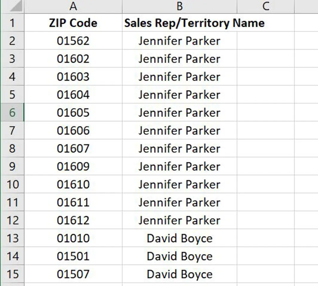 Territory import spreadsheet example with sales rep names