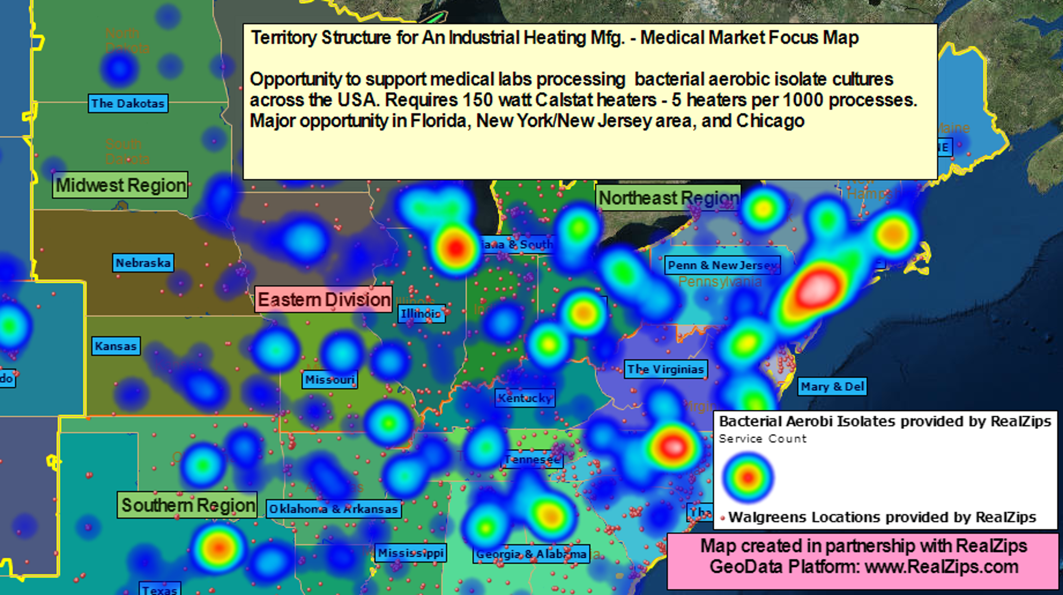 Territory map with heat map for medical market focus