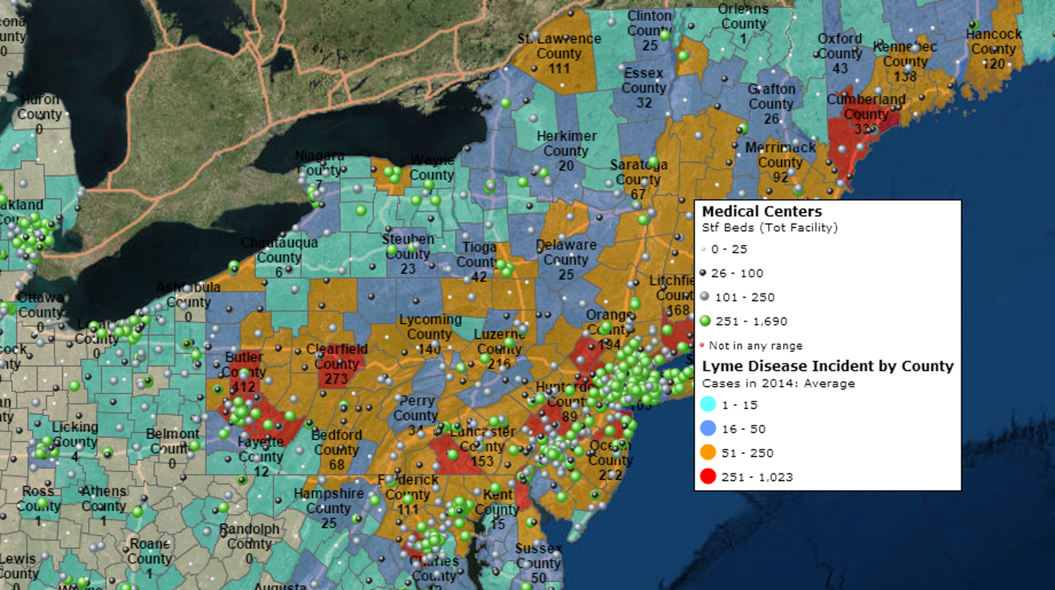 Lyme disease map across Northeastern USA