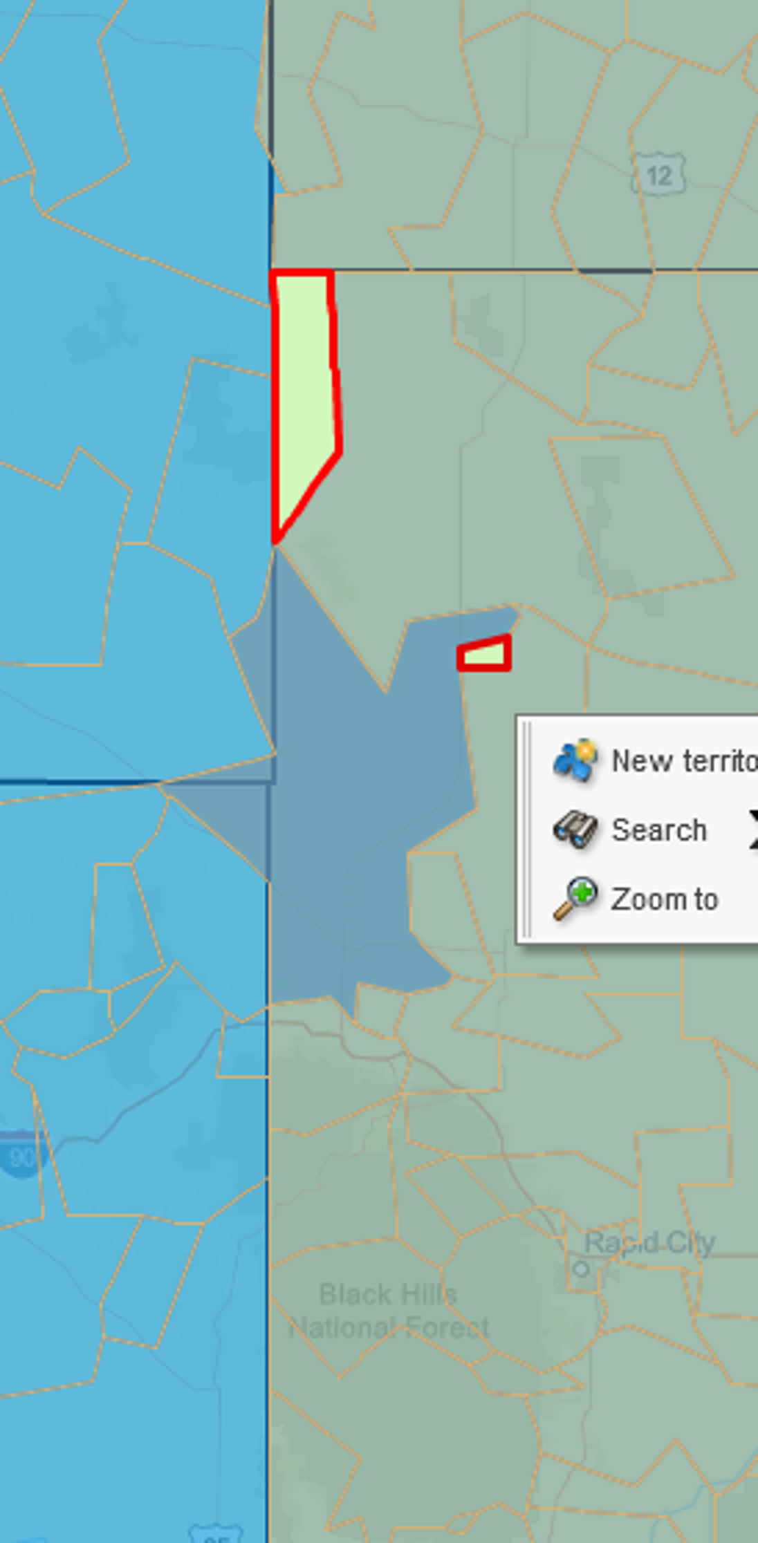 Territory map with ZIP code on the border highlighted