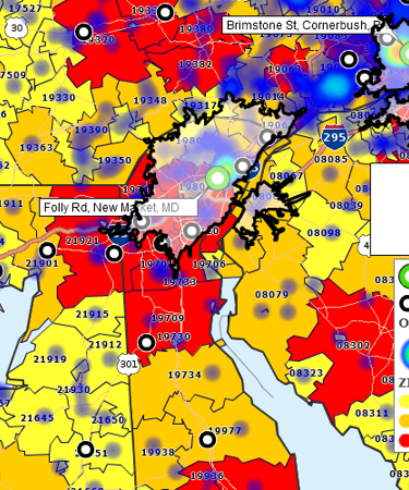 Site selection map - 20 min drive time