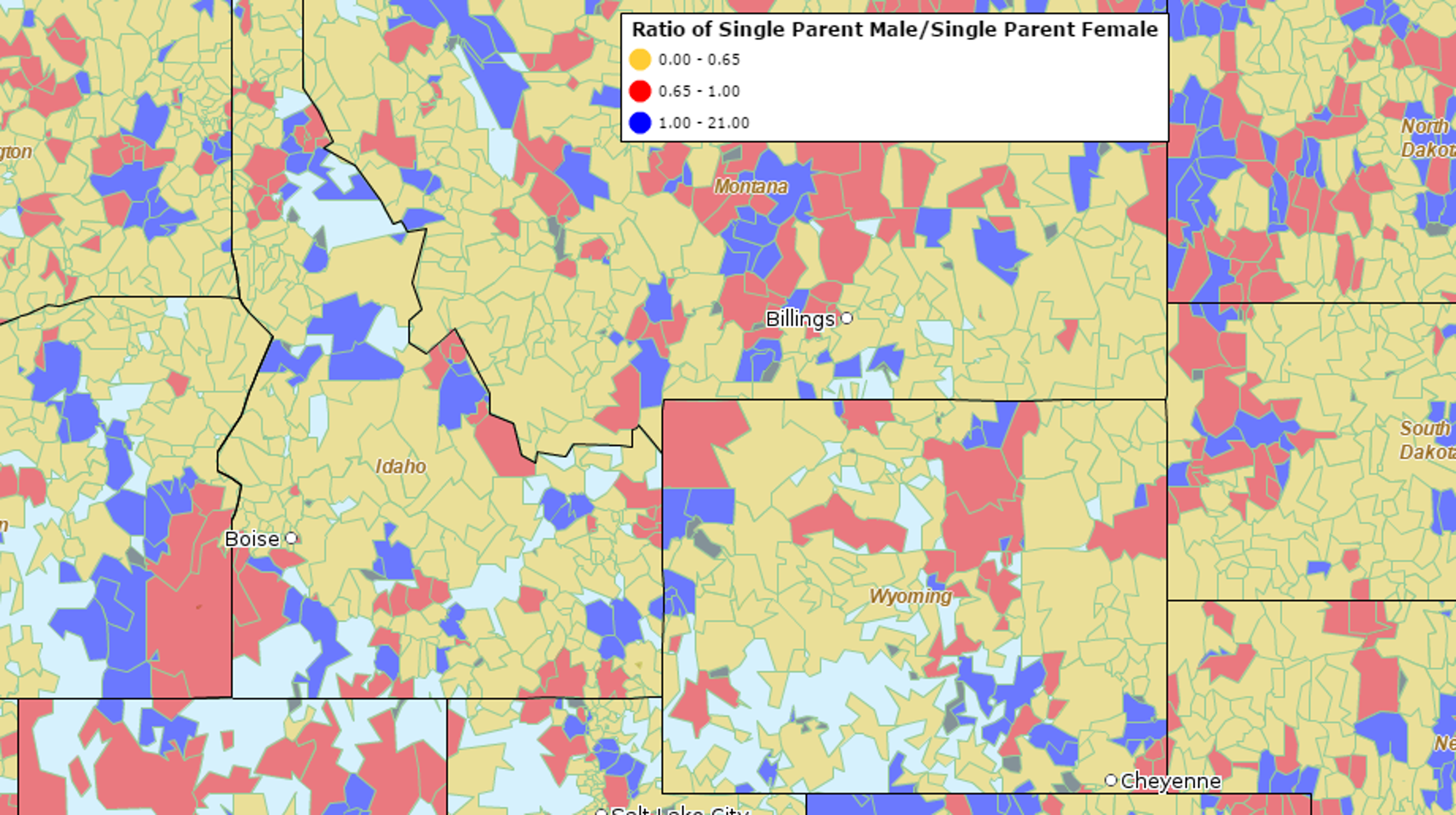 Single parent male families ratio highlighted on the map