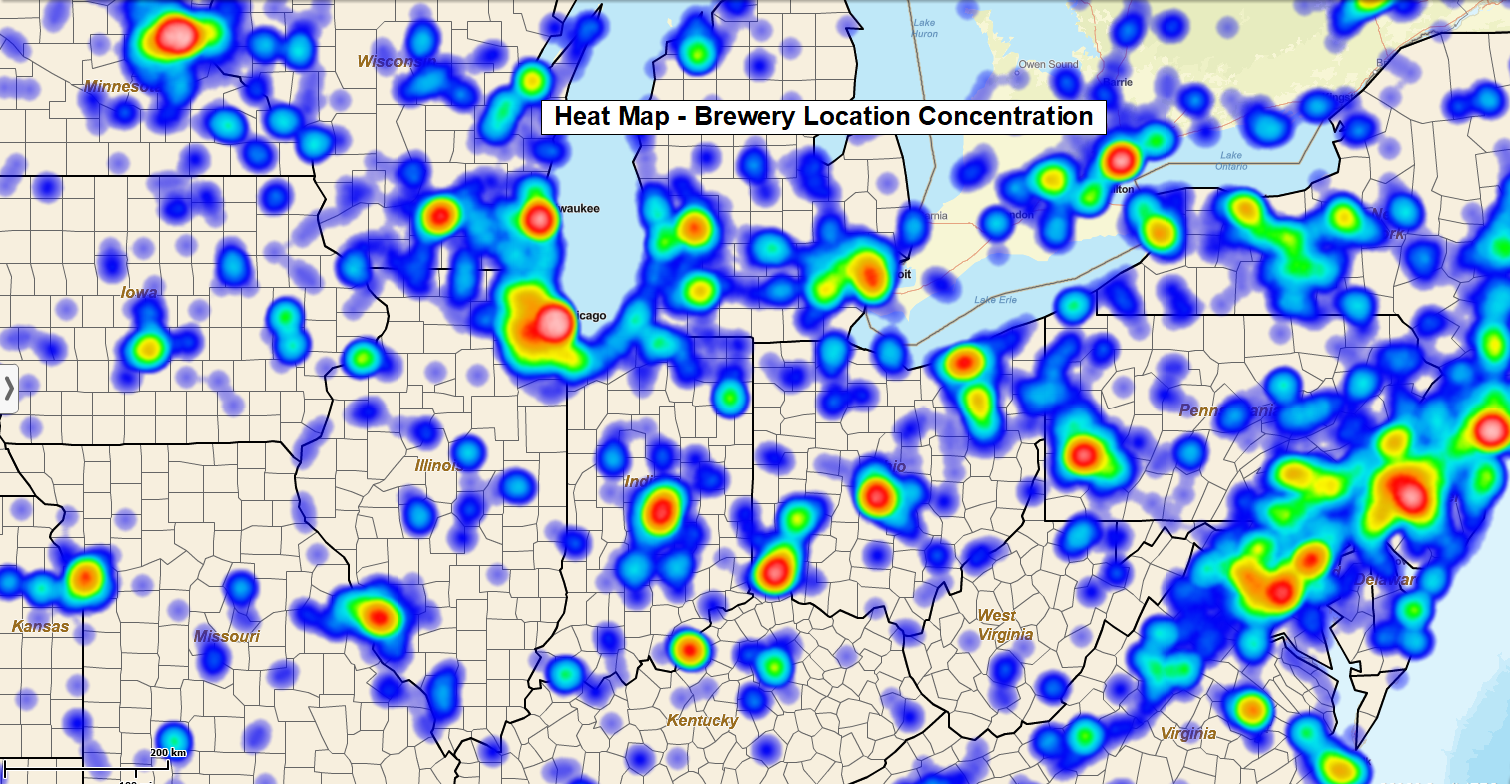 Heat map of breweries by location concentration only