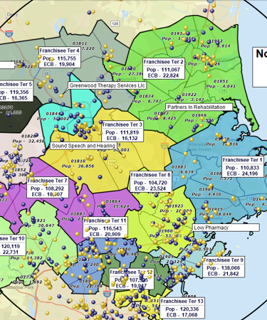 Franchisee territory map for home care service business