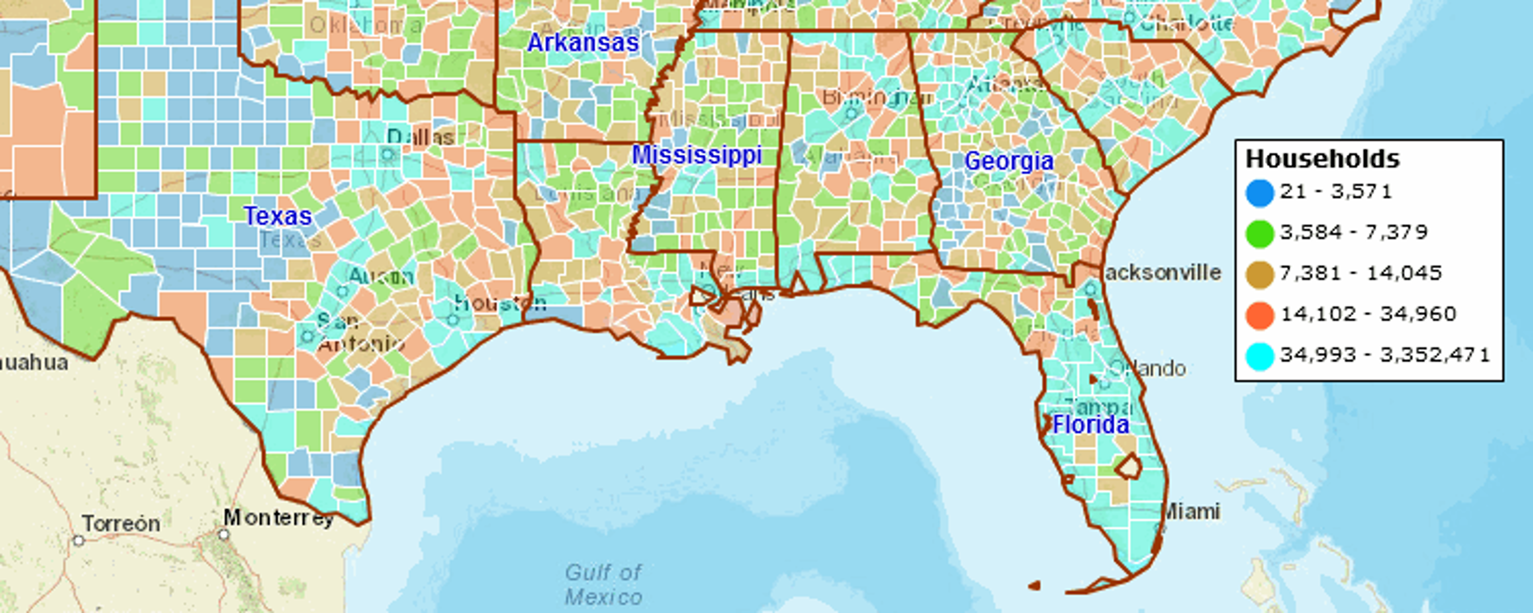 Color coded demographic map by number of households