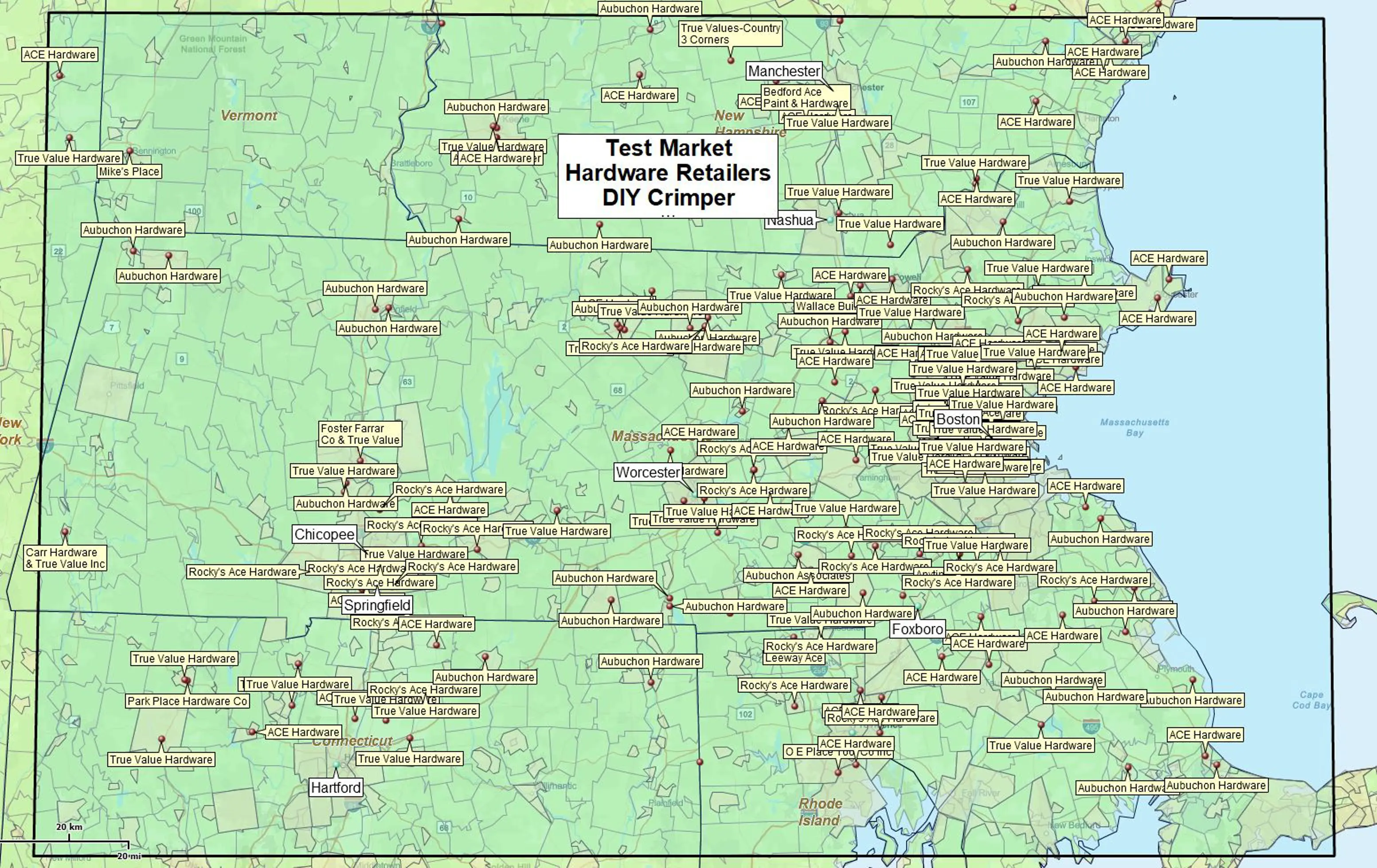 Map of hardware retailers in the area of interest