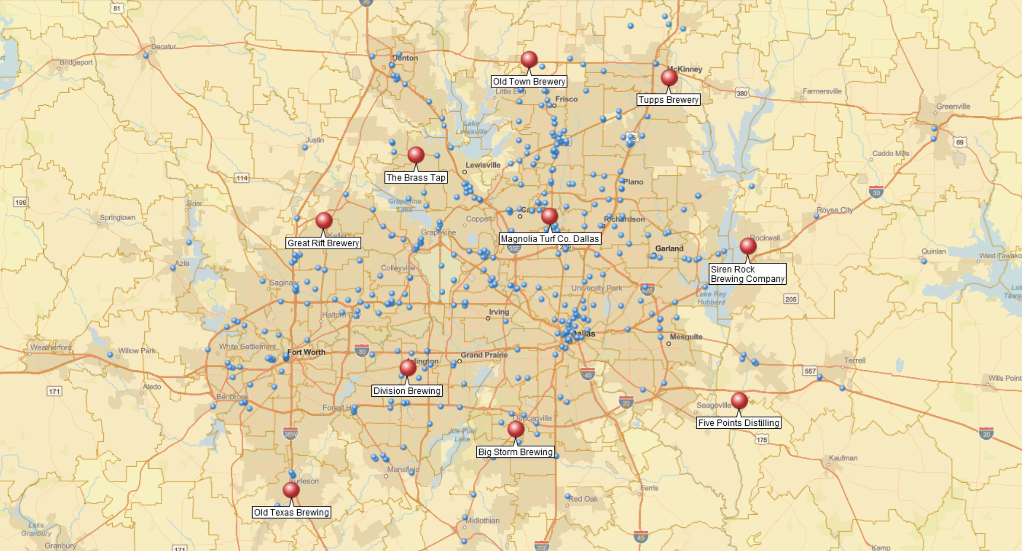 Bars and breweries locations around Dallas, TX