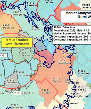 Perform radius and drive time calculations rural Western Maine