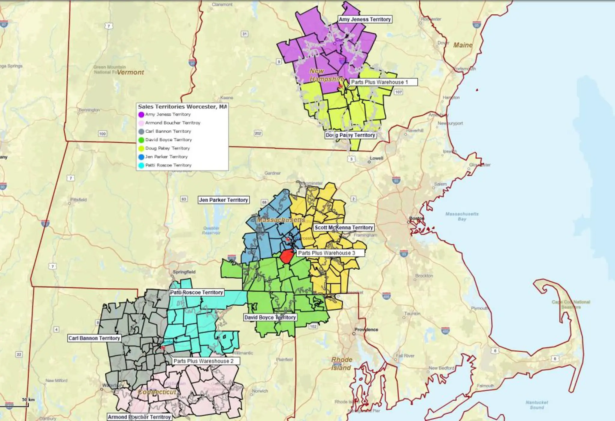 Three ZIP code drive time territories map
