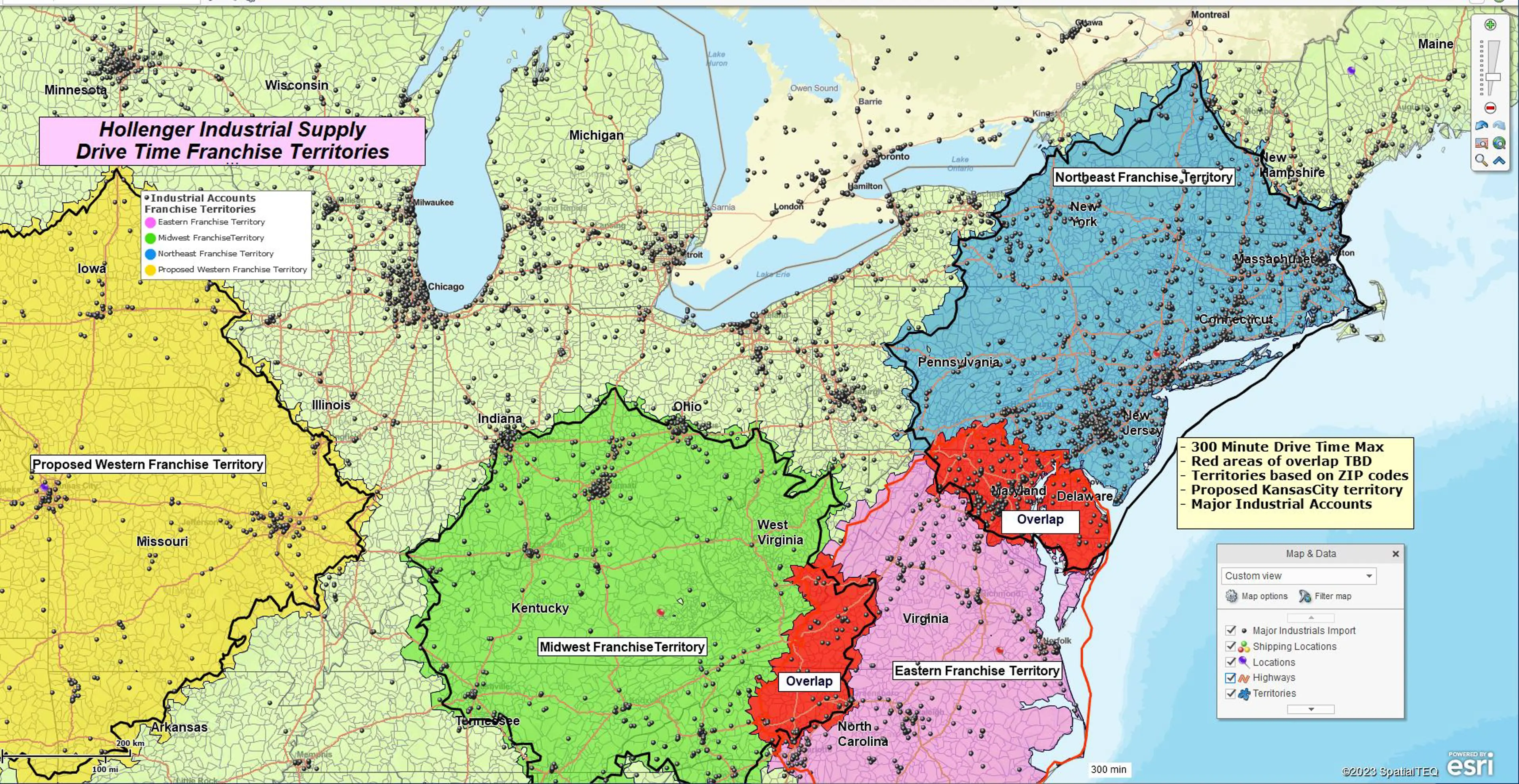 Drive time territory maps showing overlap