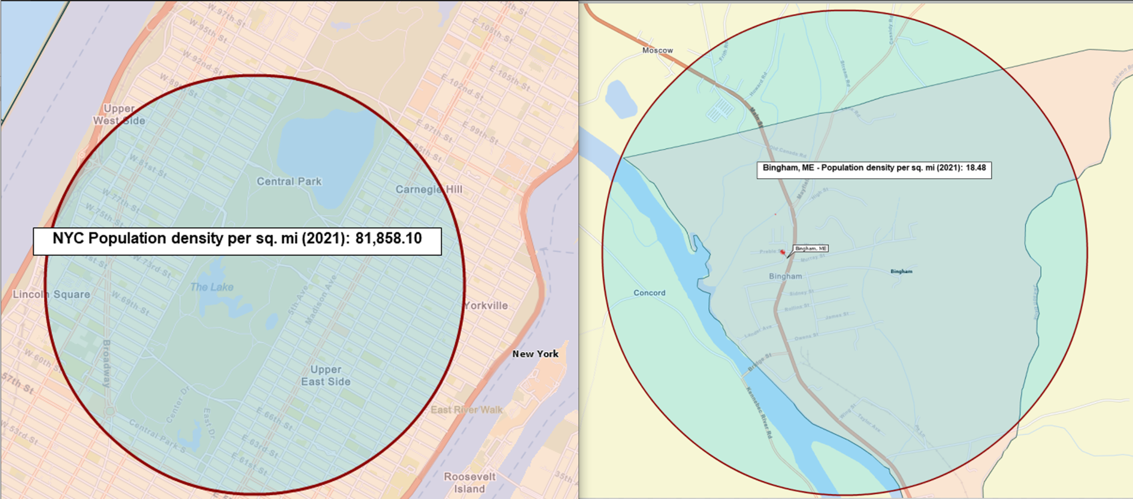 NYC vs Bingham ME population density radius maps