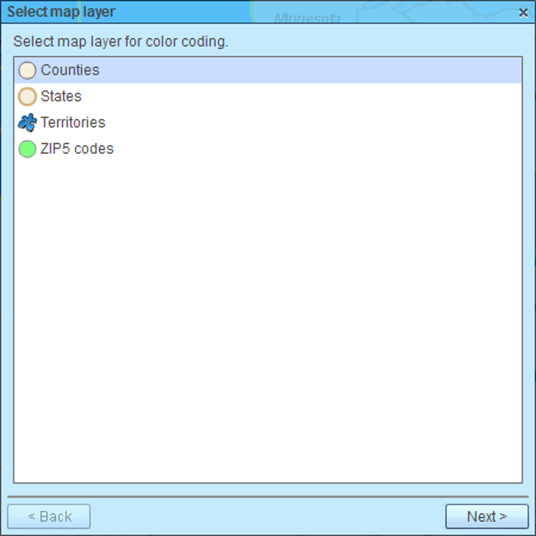 Select a layer to color code: territories, ZIP codes, counties, or states