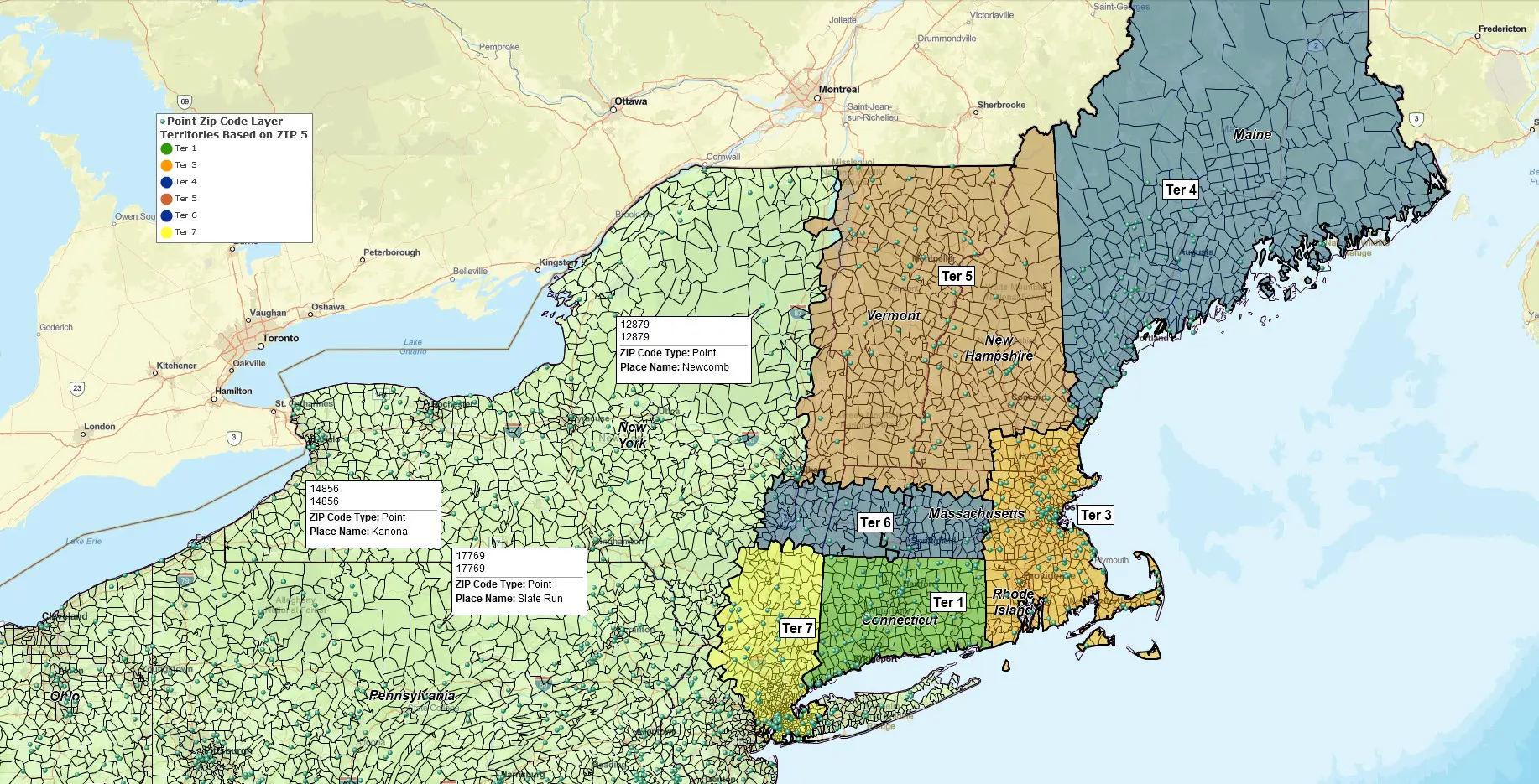 ZIP code boundaries and point ZIP codes on a territory map