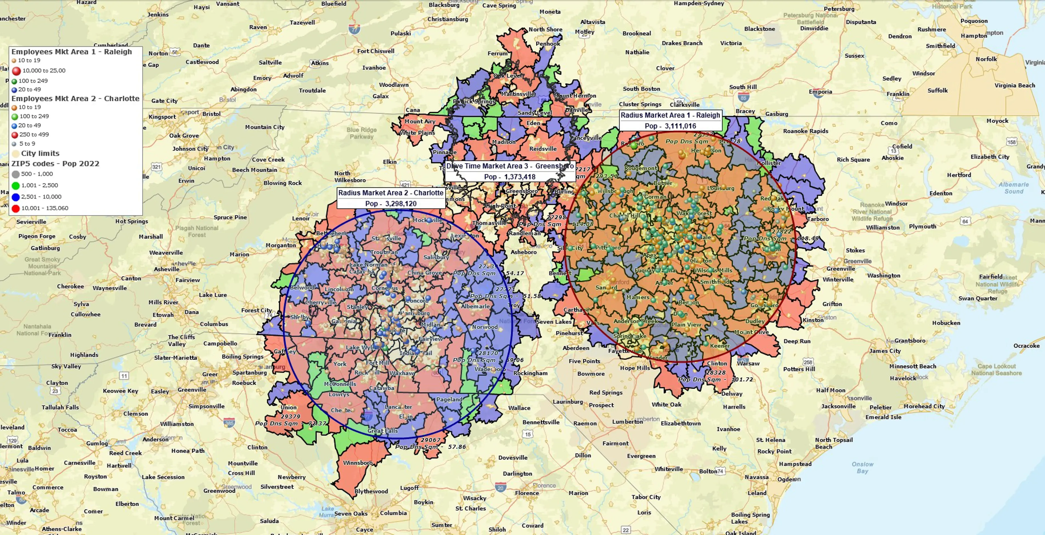 ZIP codes color-coded by population, within a radius and drive-time from locations