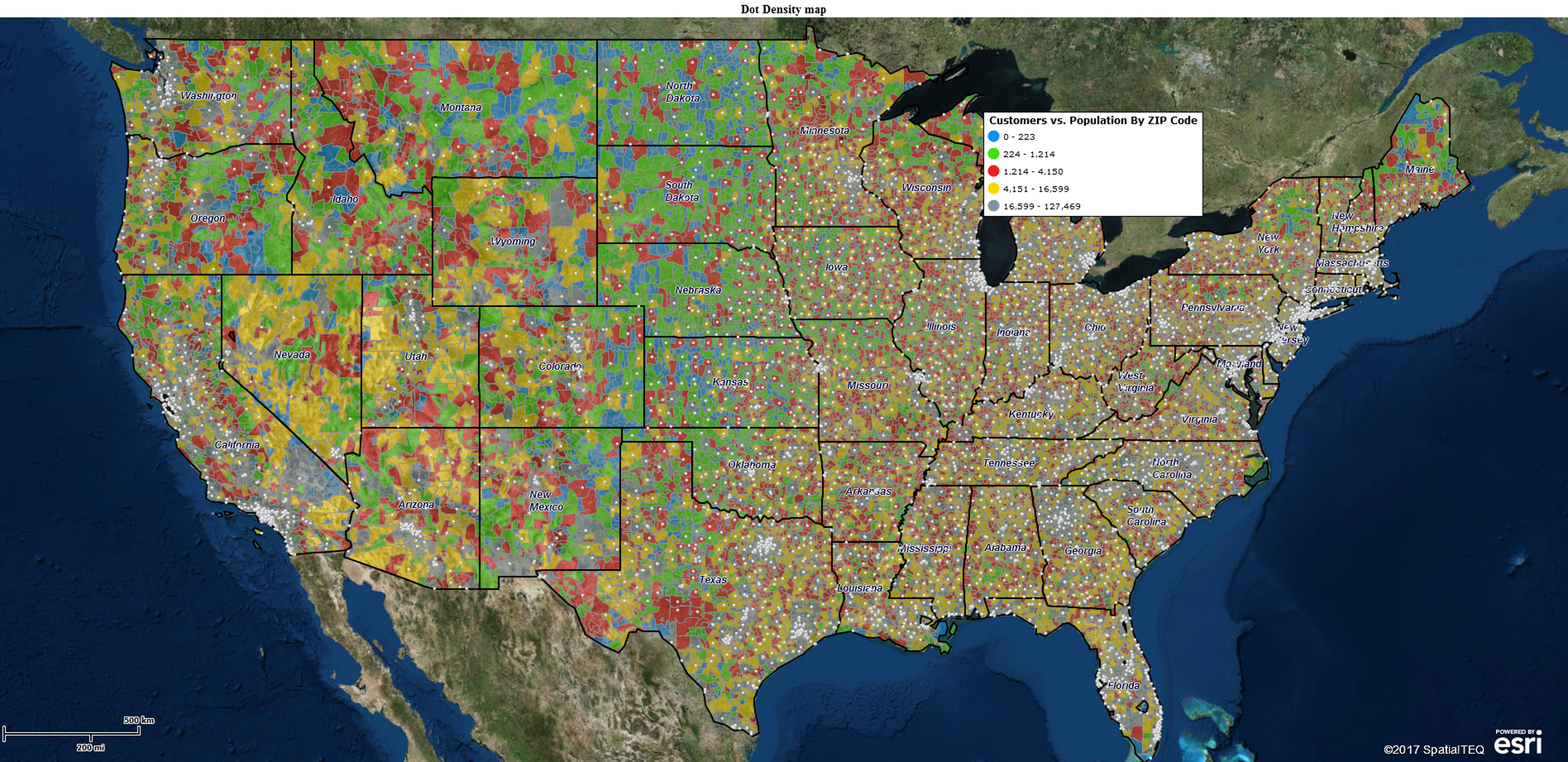 Customer density map over ZIP codes colored by population