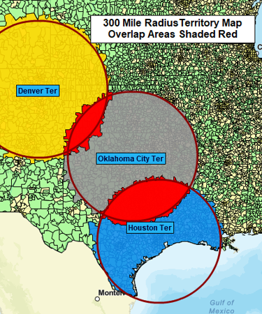 Radius territory map with overlap highlighted