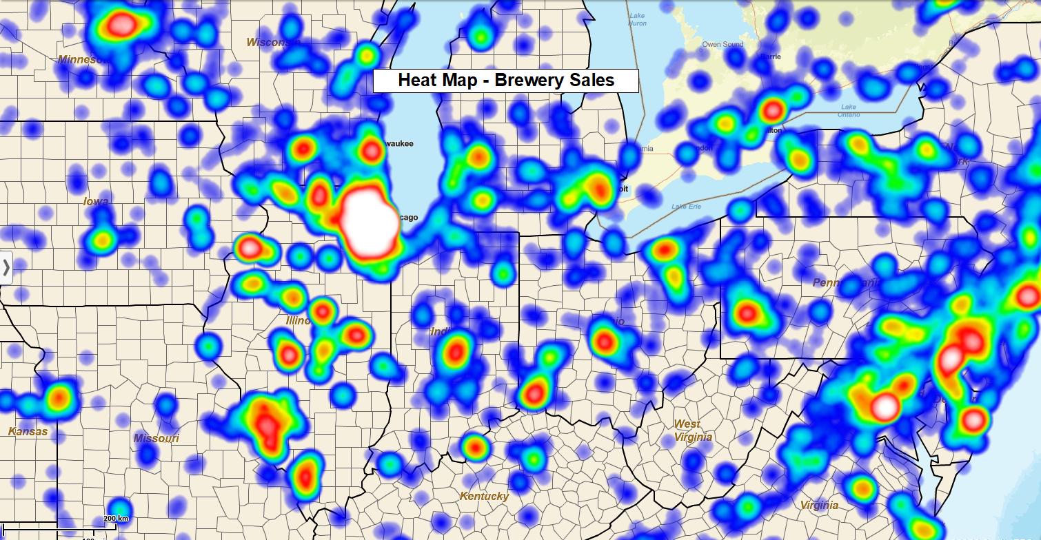 Heat map of breweries by location and sales