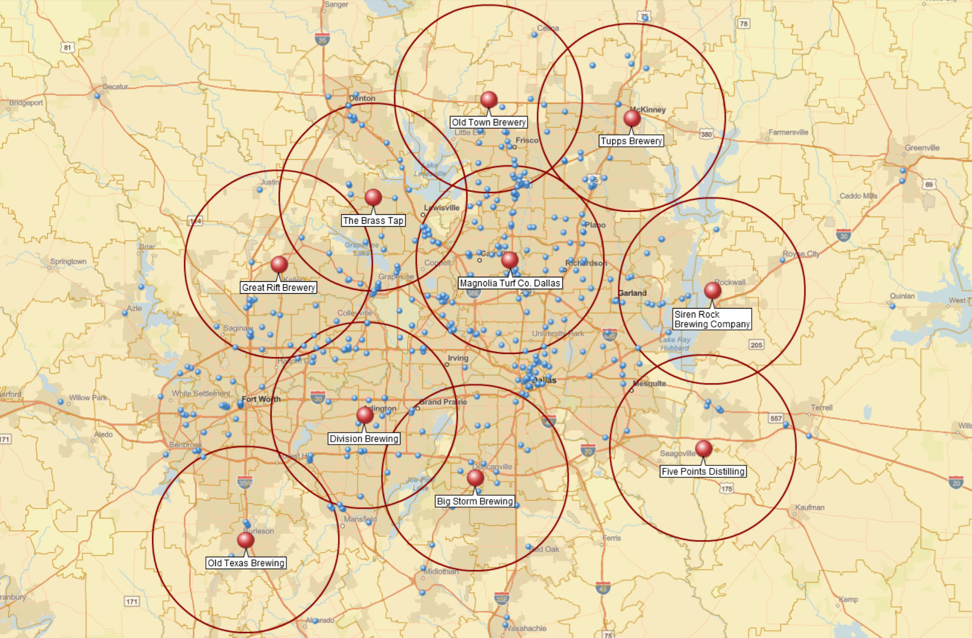 Bars and breweries around Dallas with 10 mile radius around each brewery