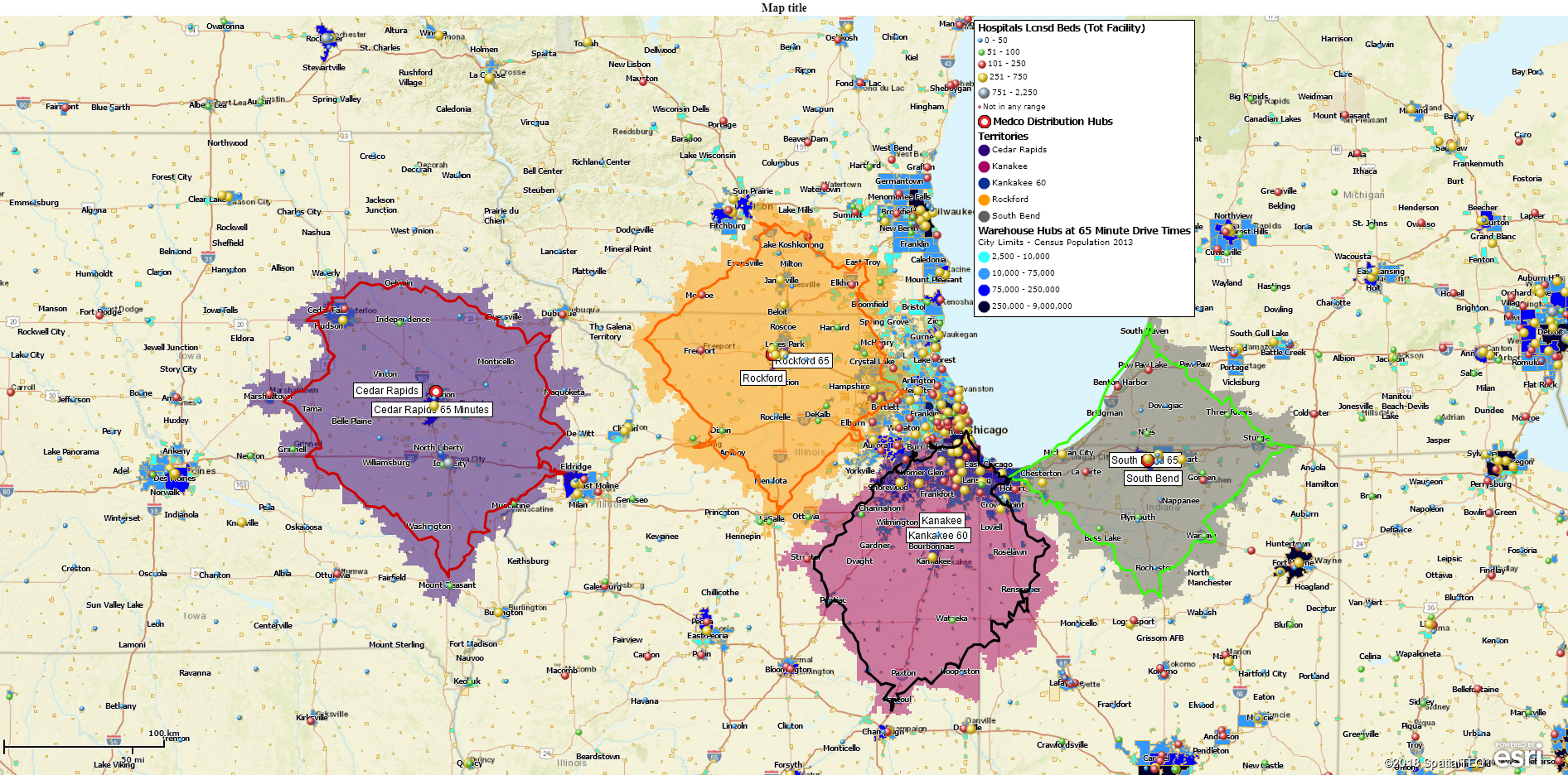 65 minute drive-time polygons map