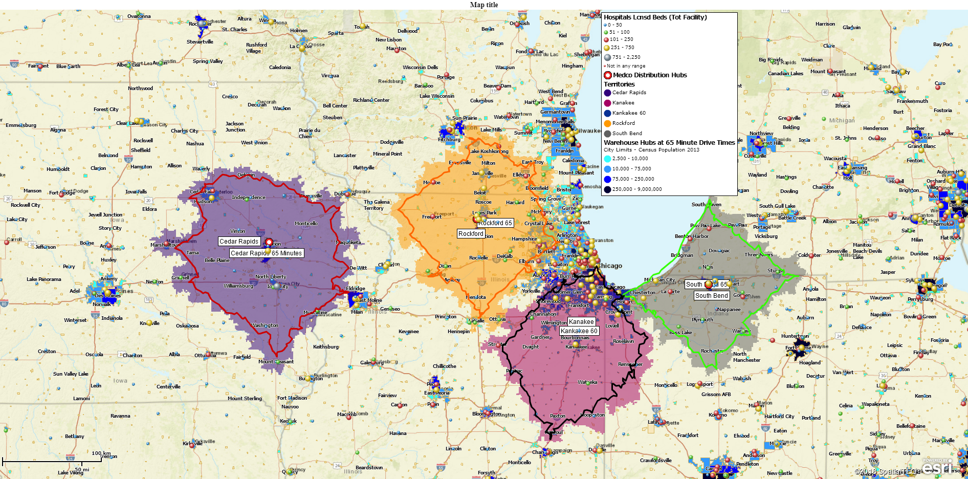 Multiple 65 minutes drive time polygons on a map