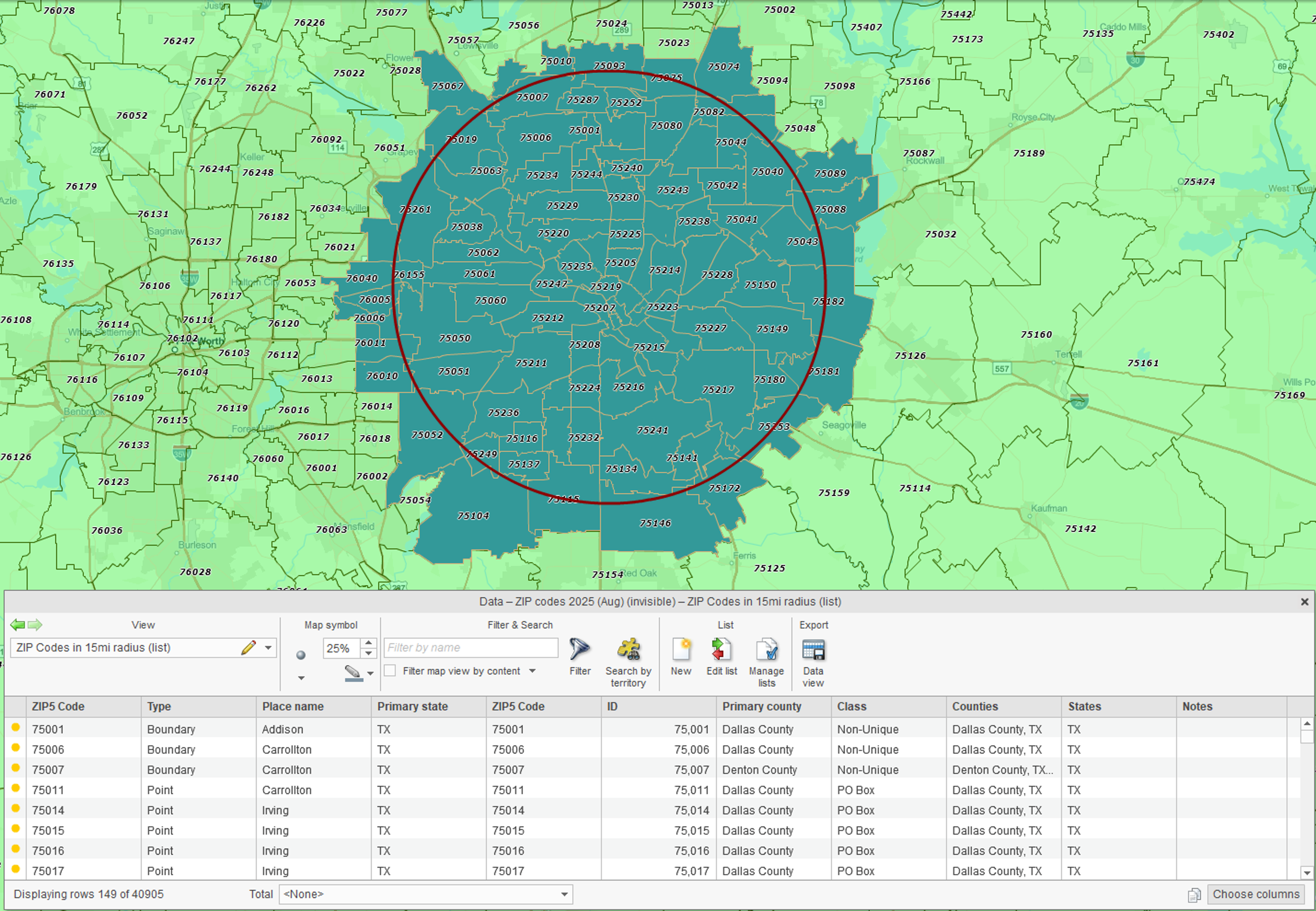 ZIP code radius map and ZIP code list