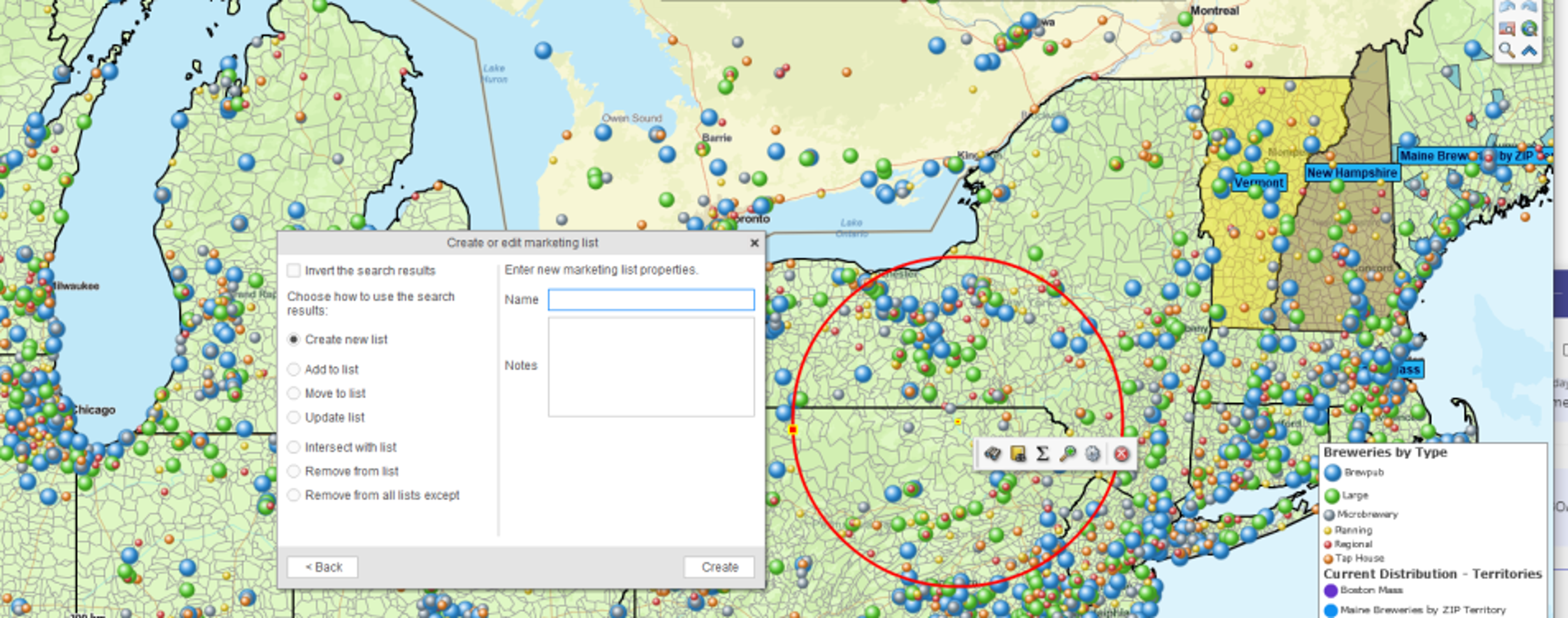 Map of radius search for businesses