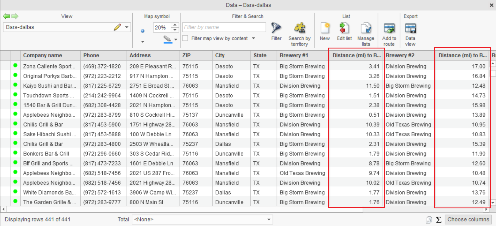 Data window showing closest brewery and distance