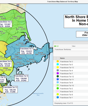 Franchisee territories' equity balanced by the population of senior citizens per ZIP code