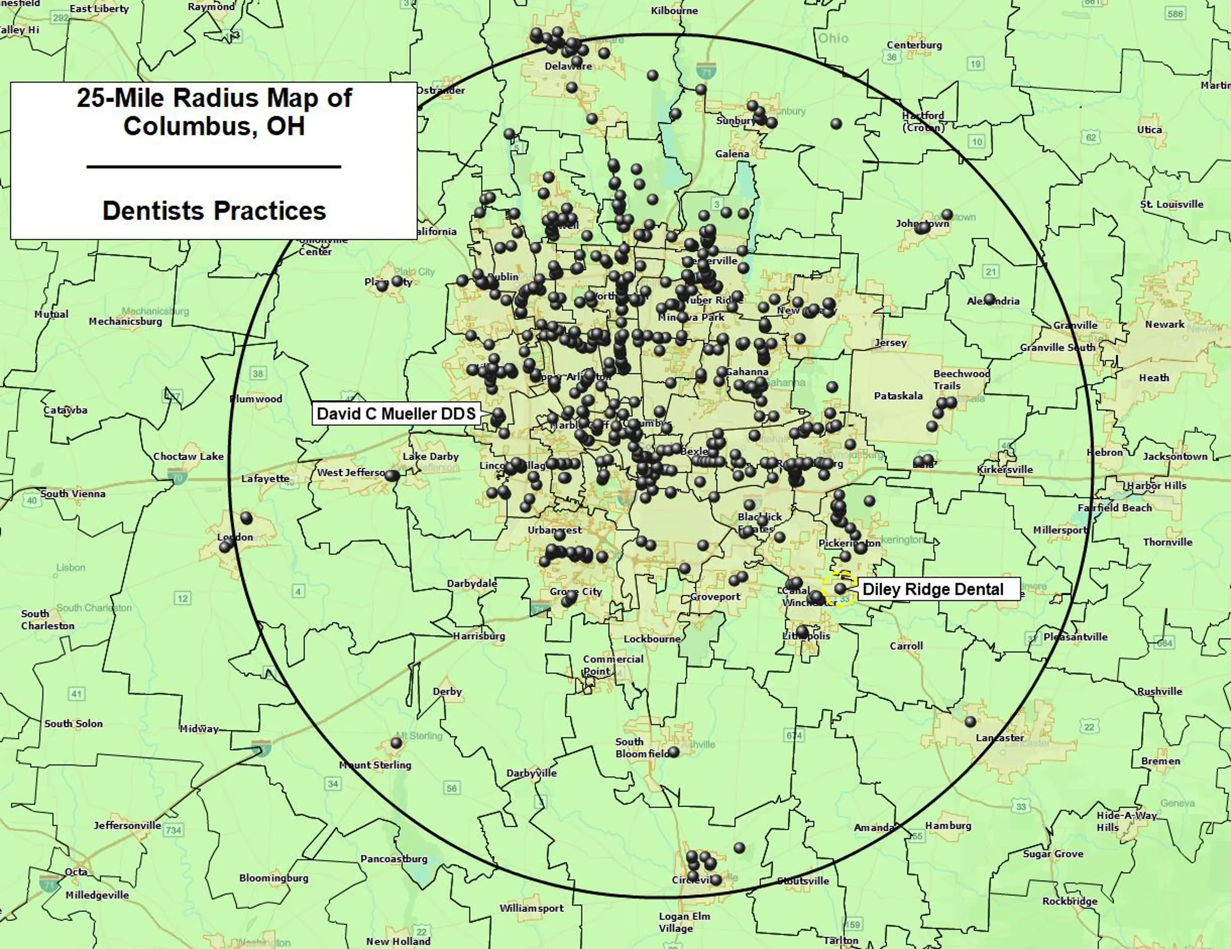 A dental practice competitor map for the Columbus, OH metro area