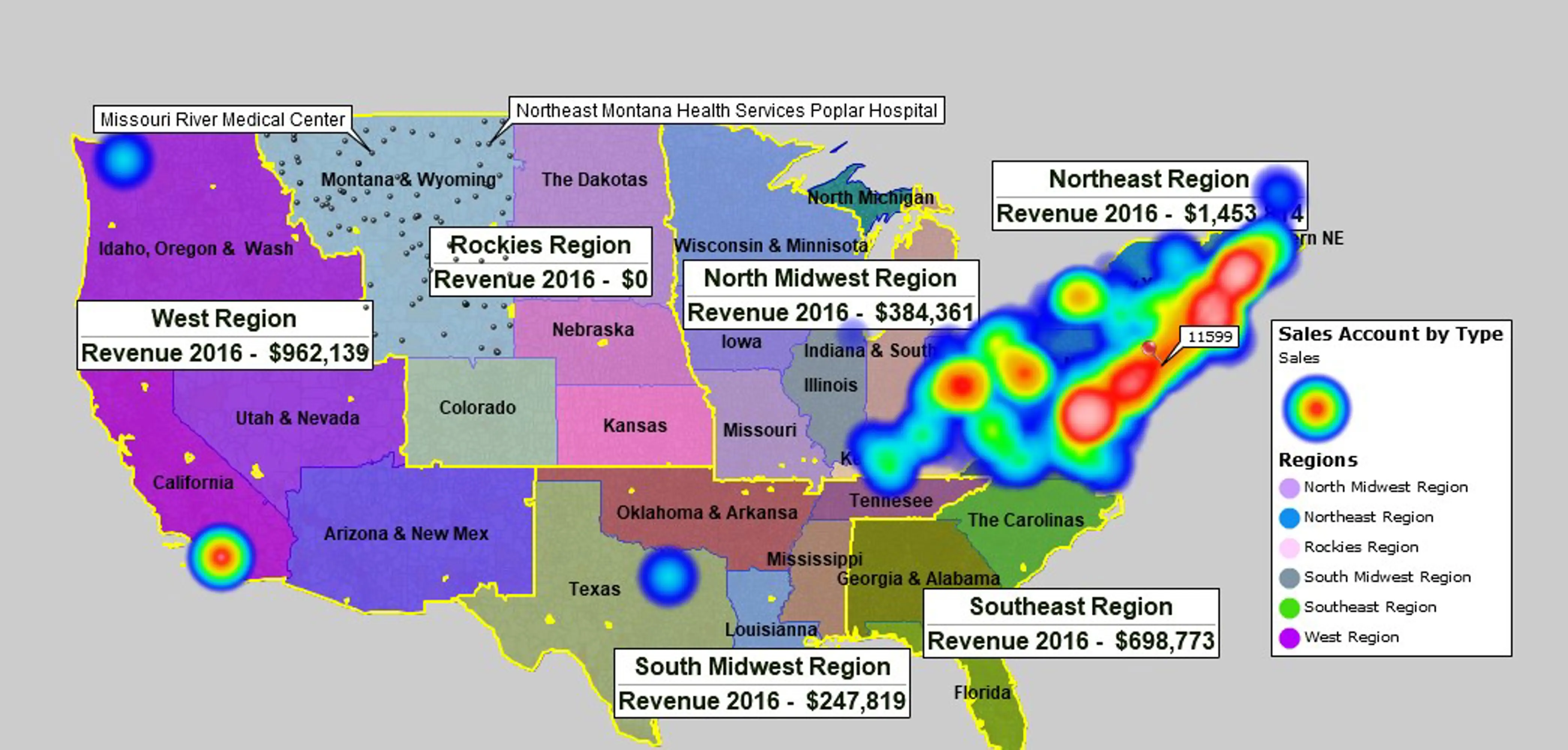 Sales territory map with sales heat map